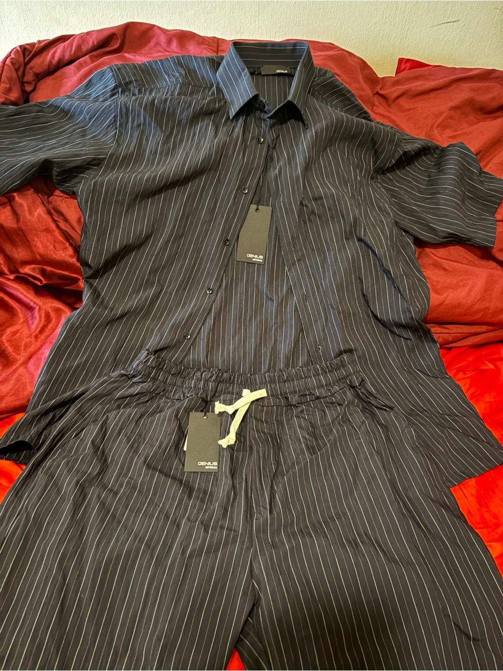 Italian Men's Black Pinstripe Casual Button-Down Shirt and Short Set